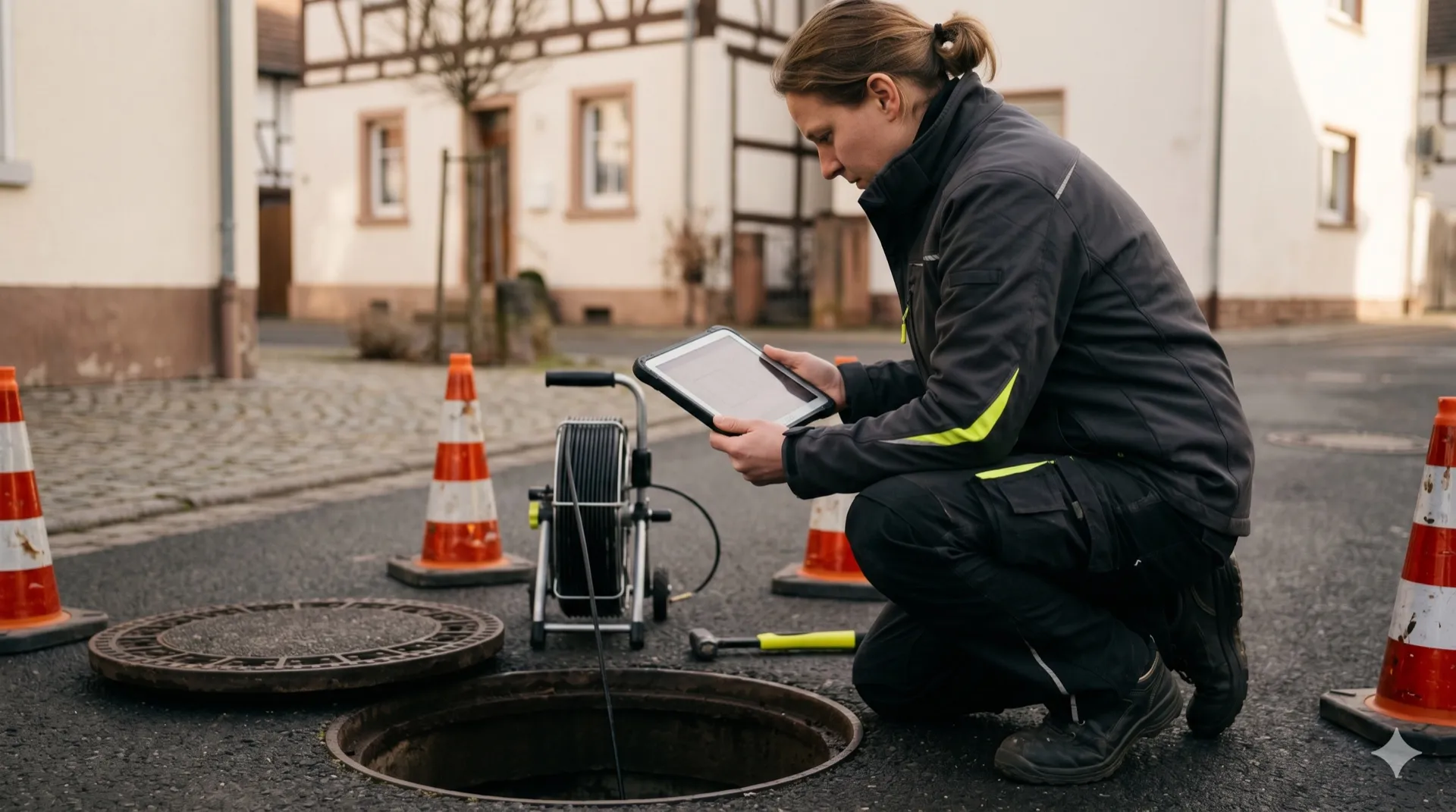 Ingenieurin am offenen Kanal-Schacht mit Tablet und CCTV-Inspektions-Reel, Pylonen mit reflektierenden Streifen am Straßenrand