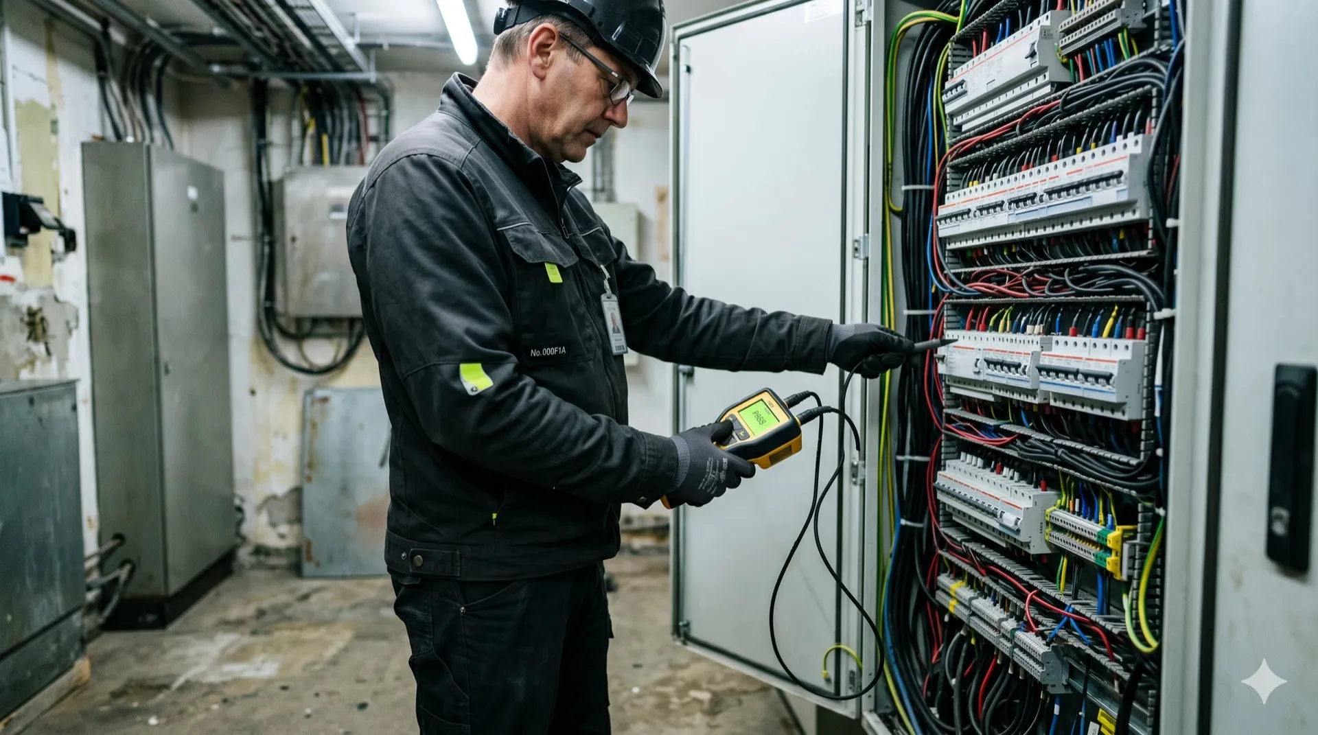 Elektro-Prüfkraft vor offenem Verteilerschrank, hält ein DGUV-V3-Mess­gerät mit Display gegen einen Stromkreis