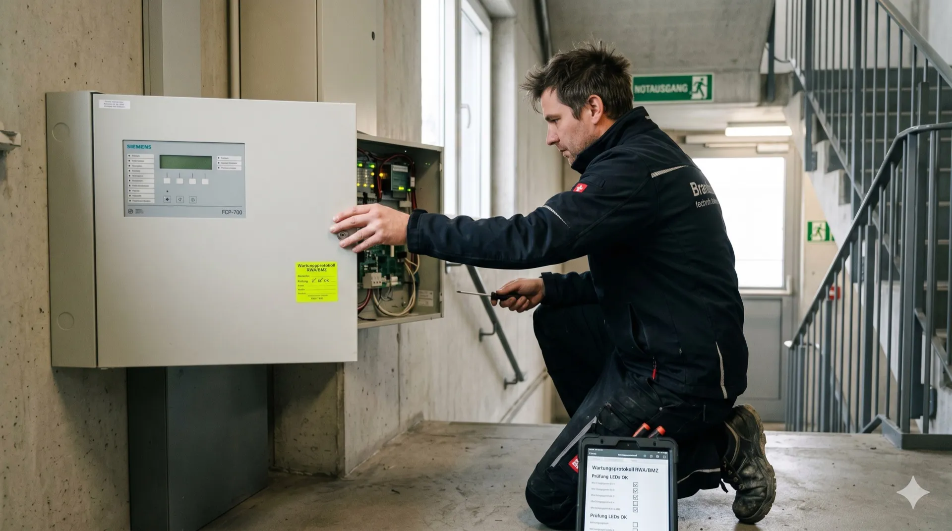 Brandschutz-Techniker prüft eine wandmontierte Siemens-Brandmelde-Zentrale, daneben ein Tablet mit Wartungsprotokoll